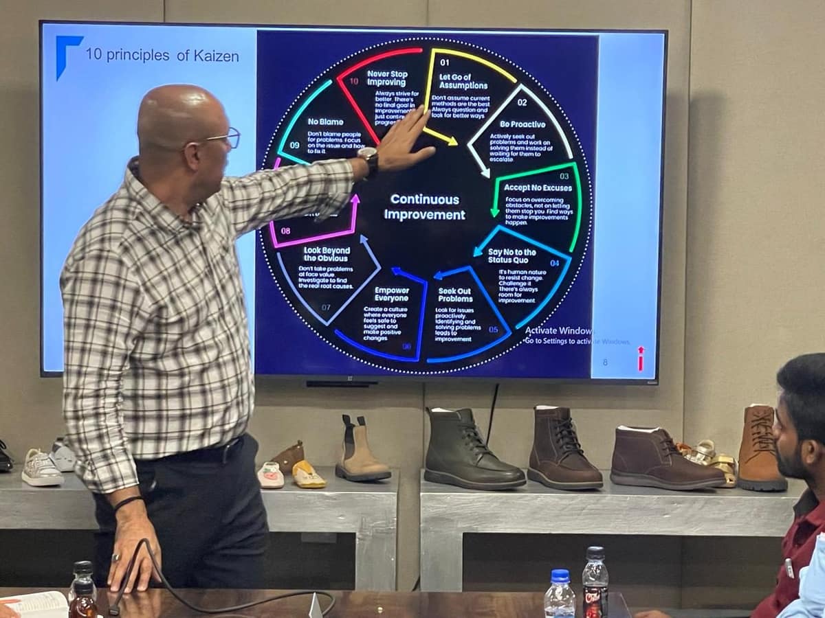 Kaizen training session with footwear samples on display